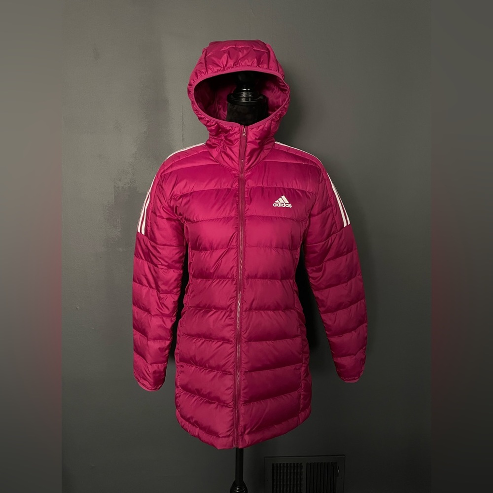 ADIDAS Magenta Pink 3 Stripe Puffer Coat with Hood S GREAT Condition! 💕